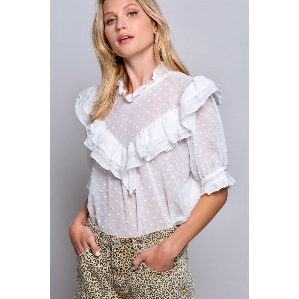 POL Swiss Dot Ruffle Mock Neck Blouse Half Sleeves Relaxed Fit - Picture 7 of 11